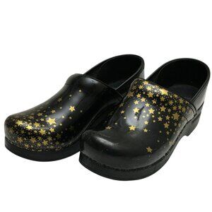 Dansko Women's Black and Gold Falling Stars Clogs Closed Back Comfort Shoes 38